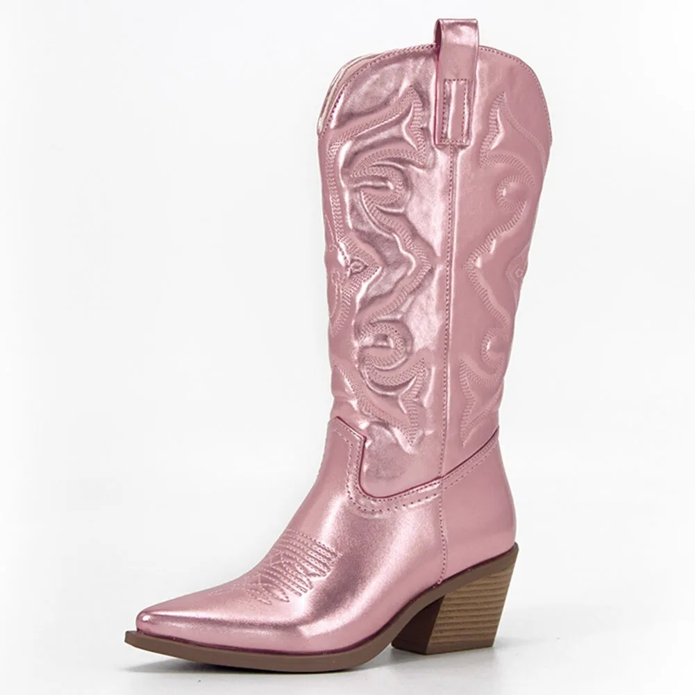 Zip Embroidered Pointed Toe Autumn Trendy Mid Calf Boots Shoes