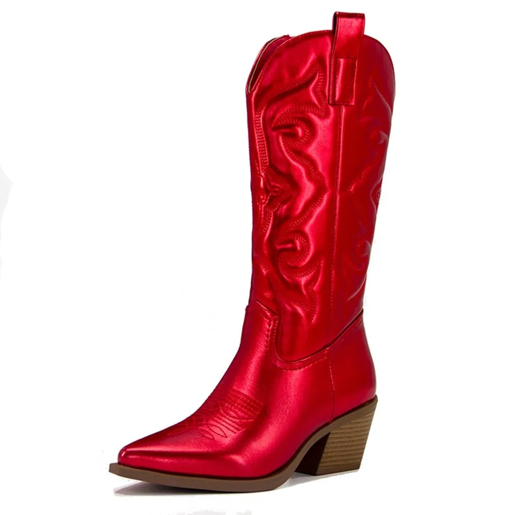 Zip Embroidered Pointed Toe Autumn Trendy Mid Calf Boots Shoes