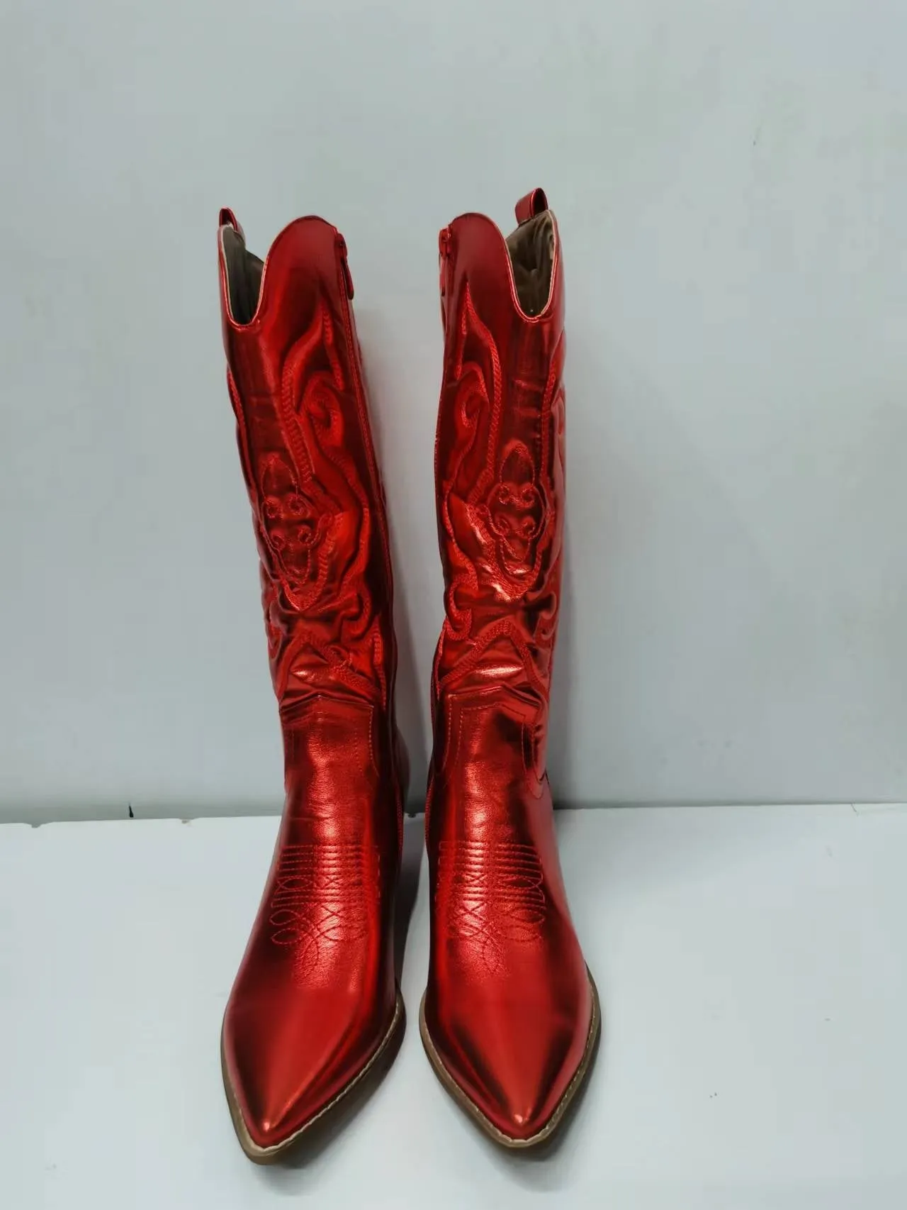 Zip Embroidered Pointed Toe Autumn Trendy Mid Calf Boots Shoes