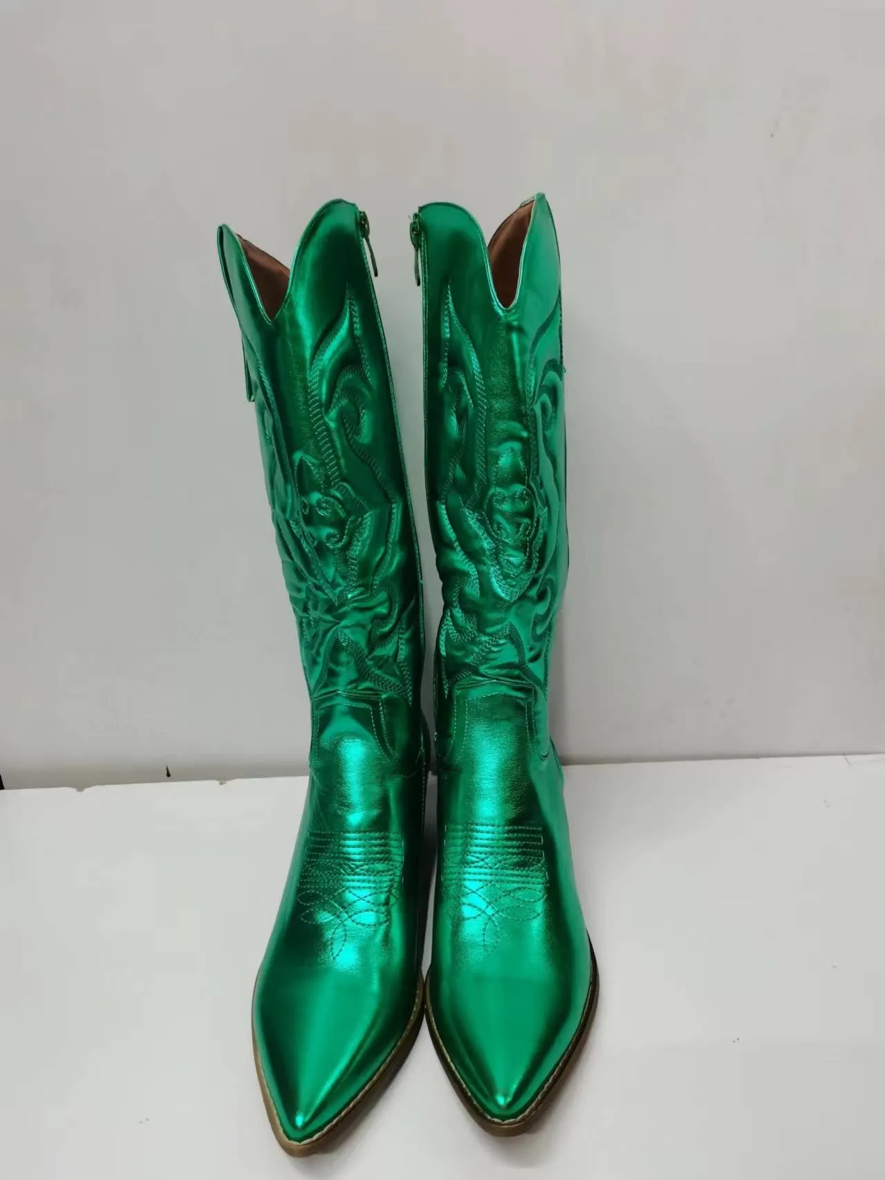 Zip Embroidered Pointed Toe Autumn Trendy Mid Calf Boots Shoes