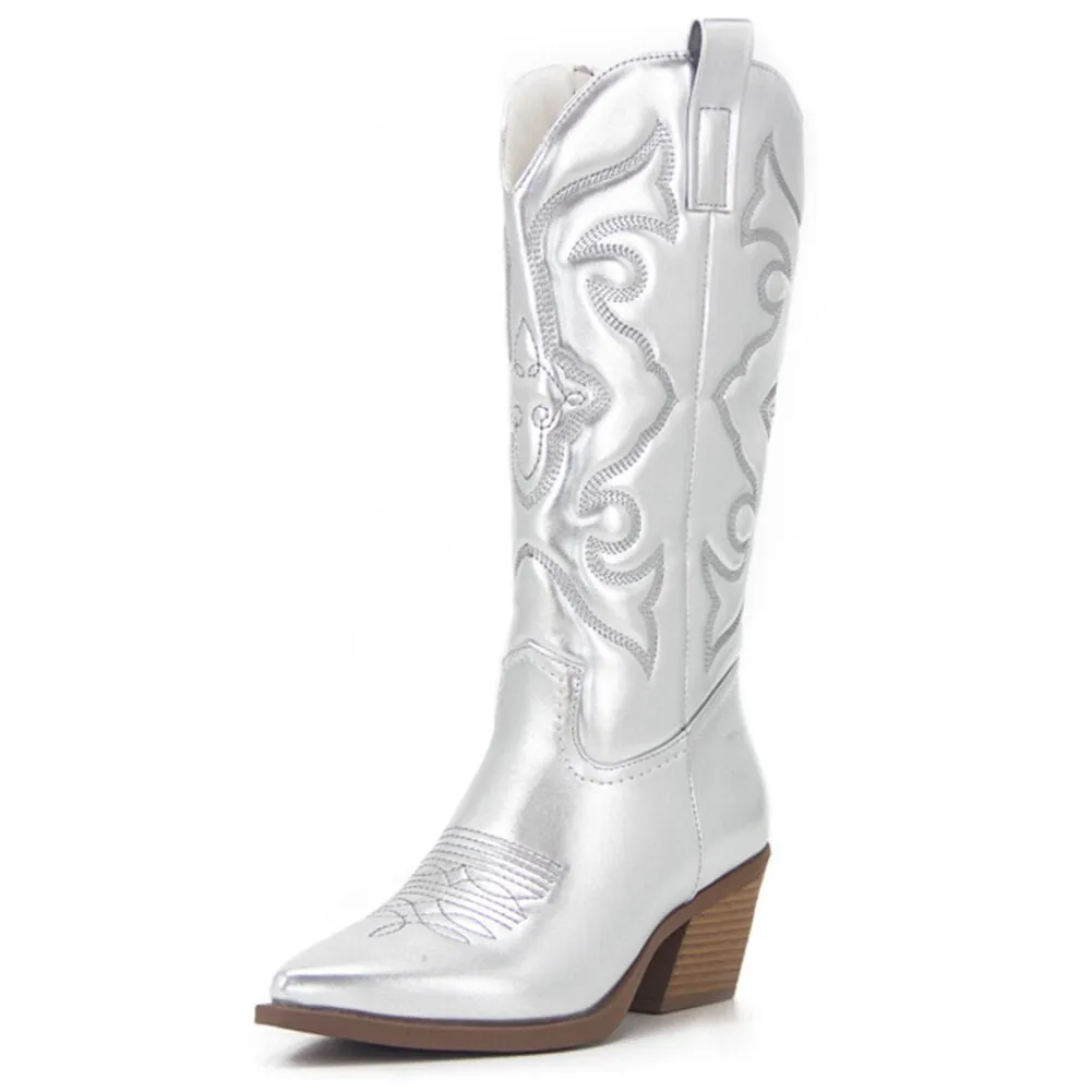 Zip Embroidered Pointed Toe Autumn Trendy Mid Calf Boots Shoes