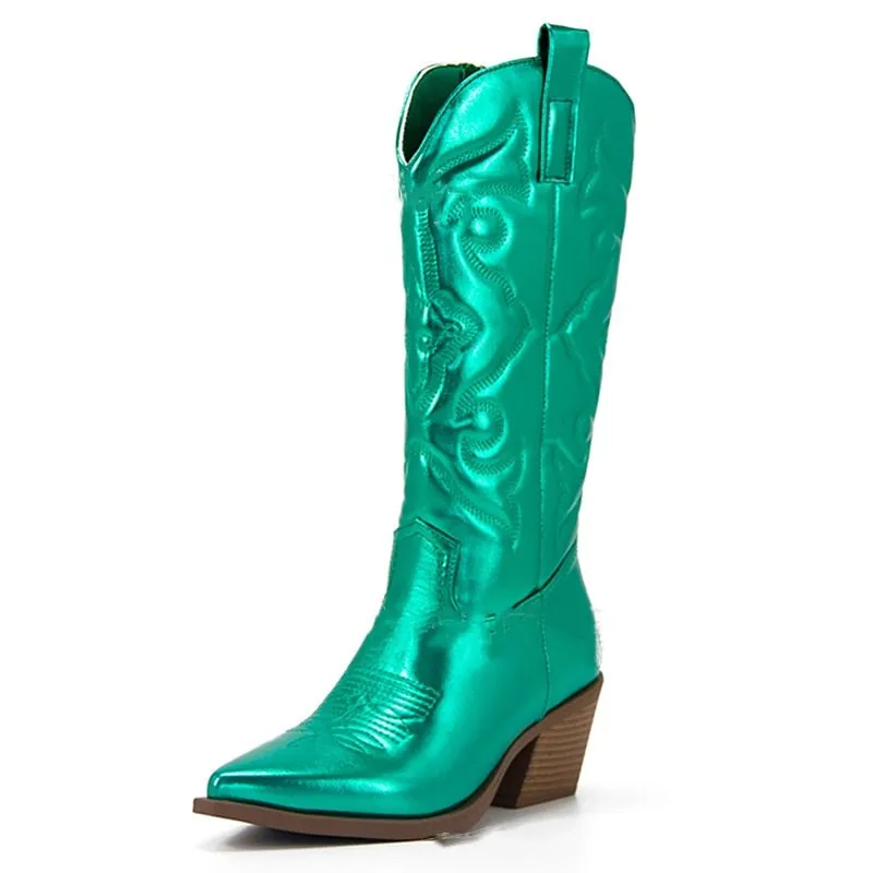 Zip Embroidered Pointed Toe Autumn Trendy Mid Calf Boots Shoes