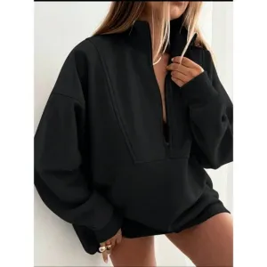zip up half placket stand collar sweatshirt black