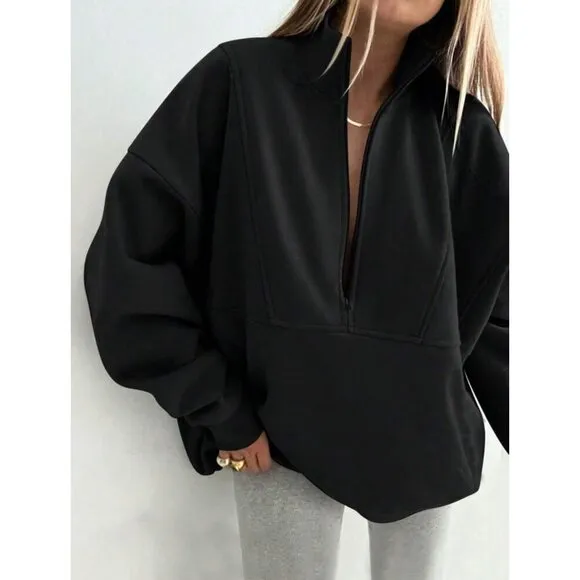 zip up half placket stand collar sweatshirt black