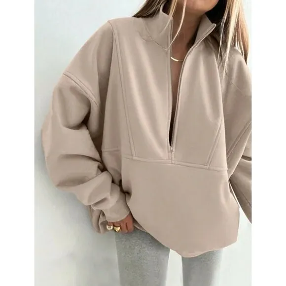 zip up half placket stand collar sweatshirt black