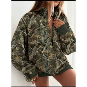 zip up half placket stand collar sweatshirt camo print green camouflage hunter