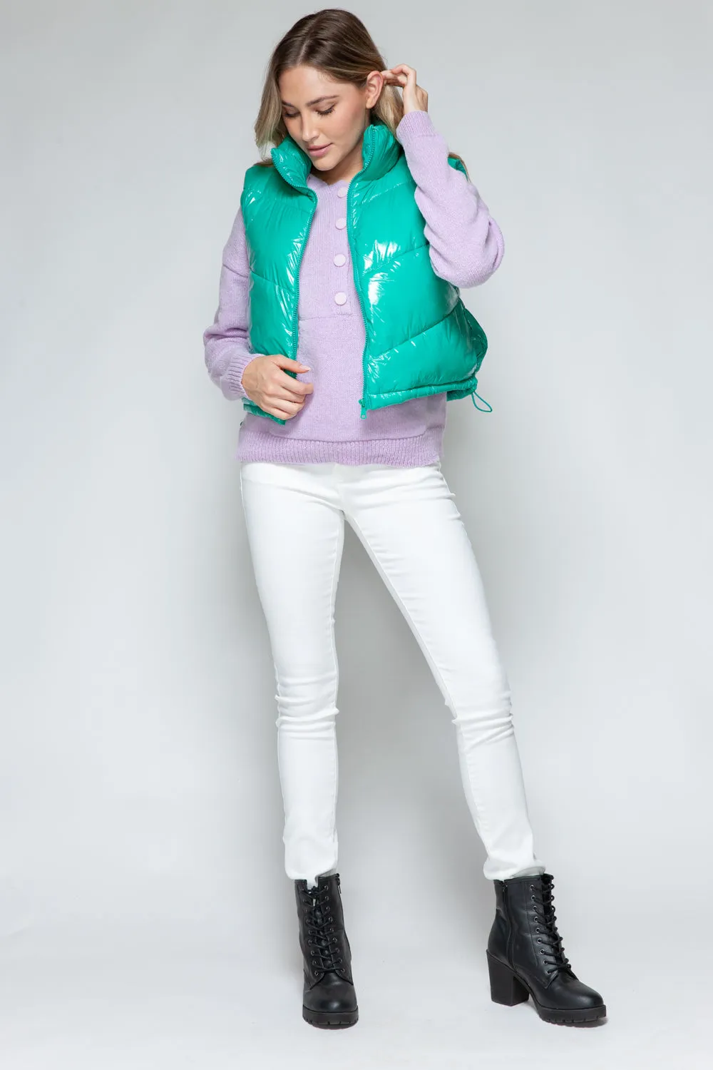 Zip Up Turtleneck Shiny Quilted Vest